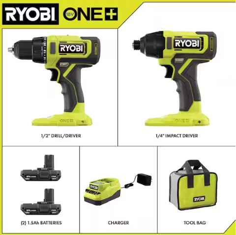 RYOBI ONE+ 18V 2-Tool Kit - Cordless Drill Driver and Impact Driver Drill with Batteries and Charger