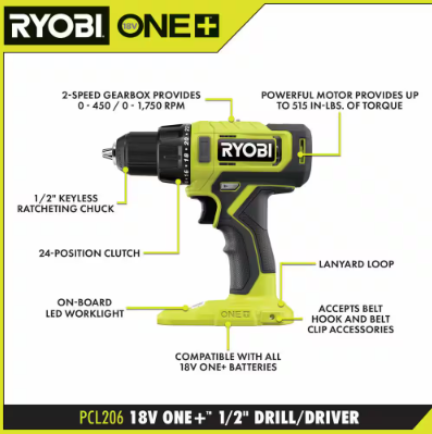 RYOBI ONE+ 18V 2-Tool Kit - Cordless Drill Driver and Impact Driver Drill with Batteries and Charger